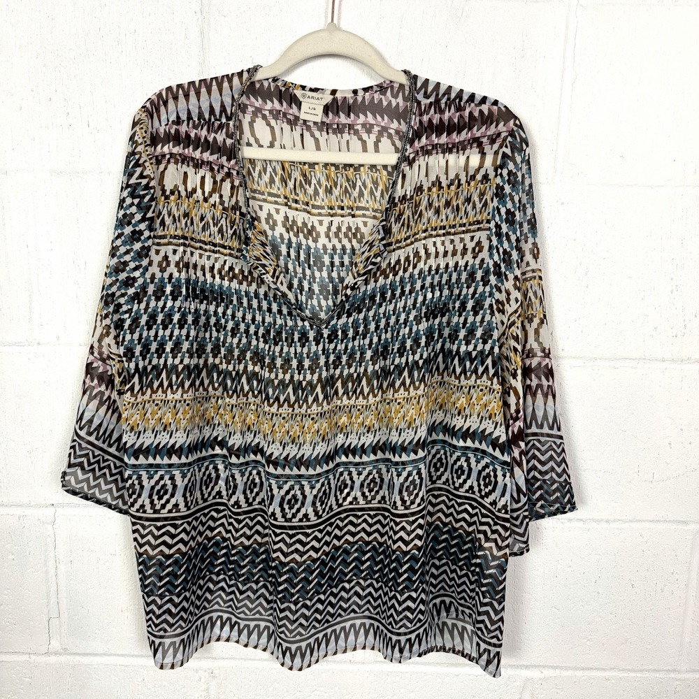 Ariat Sheer Tunic Top Beaded V-Neck Multicolor Layers‎ Western Cowgirl BoHo SZ L